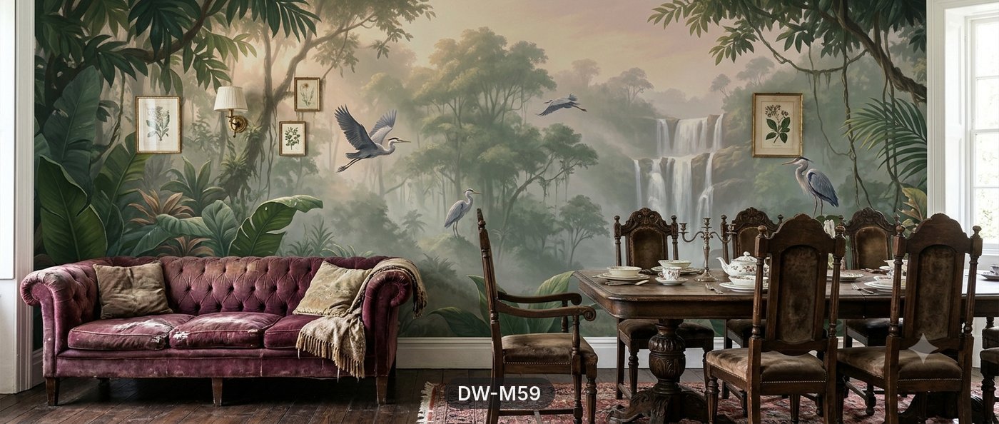 Misty Jungle Waterfall & Herons Mural