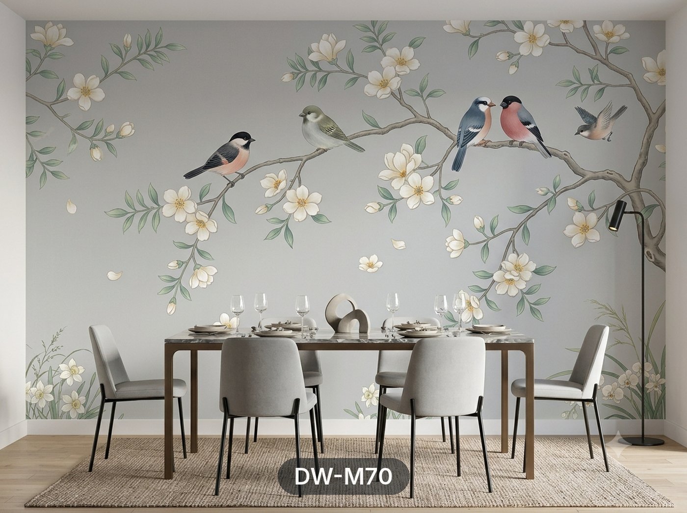 Grey Chinoiserie Birds & Blossom Mural wallpaper