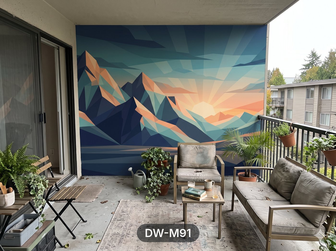 Geometric Sunset Mountains Mural