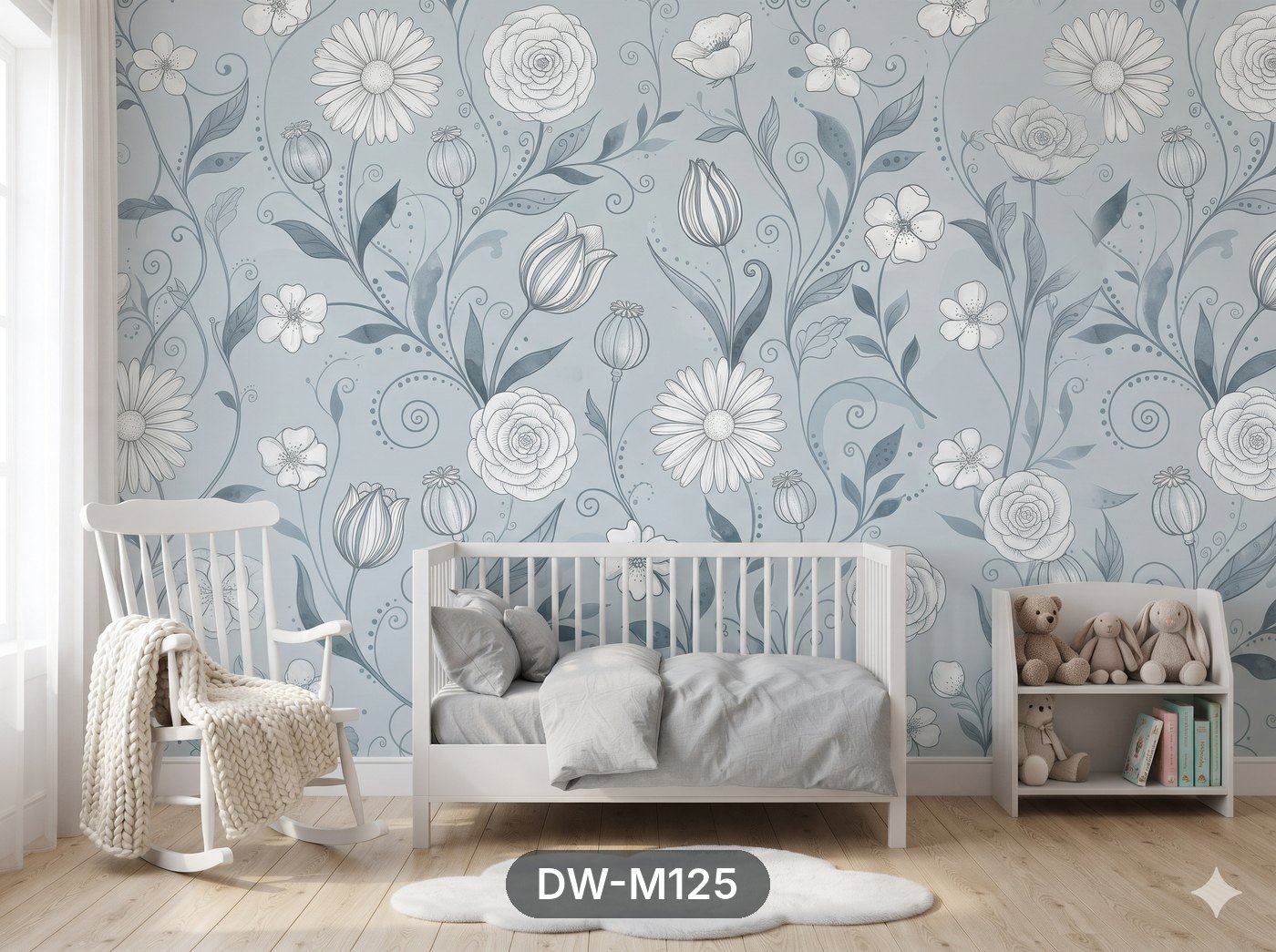Dusty Blue Line-Art Floral Wallpaper wallpaper