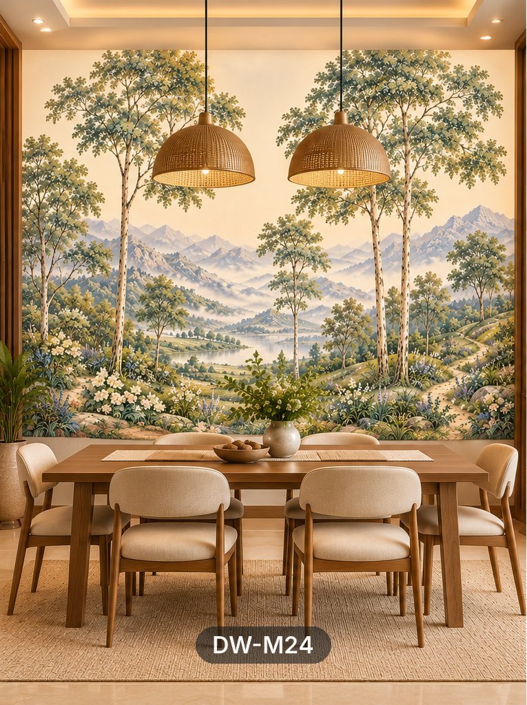 Misty Mountain Trees Mural wallpaper