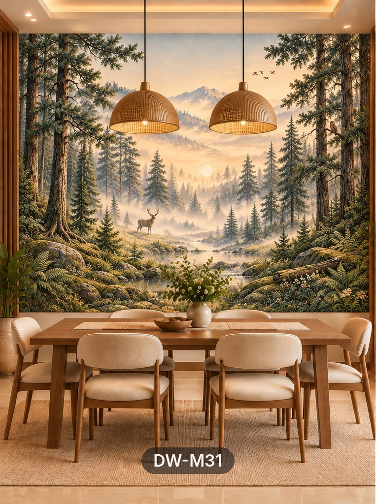 Misty Pine Forest & Deer Mural wallpaper